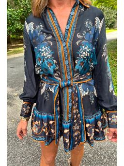 Outzidr - Navy Blue Placement Print Fit and Flare Shirt Dress