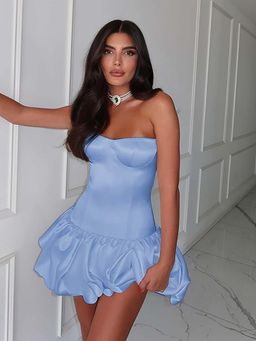 Outzidr - Blue Strapless Tube Fit And Flare Dress