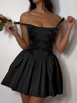 Outzidr - Black Low Waist Slip Skater Dress