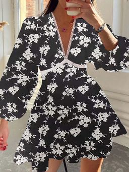 Outzidr - Black V-Neck Lace Insert Fir and Flare Dress