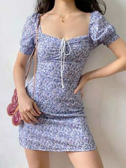 Outzidr - Purple Sweatheart Puff Sleeves Dress