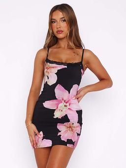 Outzidr - Black Floral Printed Strappy Lace Inserts Dress