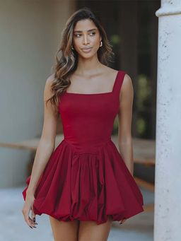 Outzidr - Red Square Neck Bubble Hem Dress