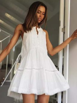 Outzidr - White Round Neck Flowy Dress