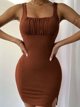 Outzidr - Rust Ribbed Bust Detailing Bodycon Dress