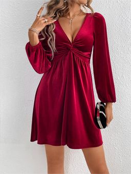 Outzidr - Burgundy Plunge Neck Twisted Dress