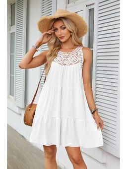Outzidr - White Lace Inserts Tiered Dress