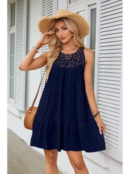 Outzidr - Navy Blue Lace Inserts Tiered Dress