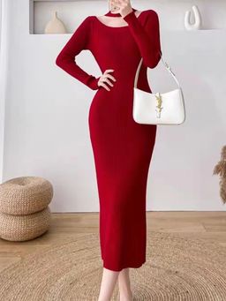 Outzidr - Red Full Sleeve Bodycon Dress