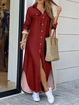 Outzidr - Red Conversational Printed Shirt Dress