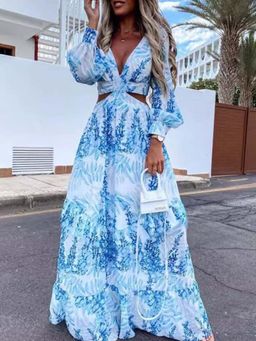 Outzidr - Light Blue Waist Cutout Dress