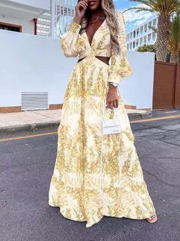 Outzidr - Yellow Waist Cutout Dress
