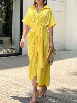 Outzidr - Yellow Shirt Dress with Robe Detailing