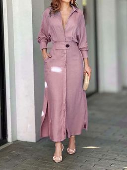 Outzidr - Pink Shirt Dress with Side Slit