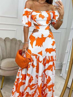 Outzidr - Orange Off Shoulder Waist Cutout Dress