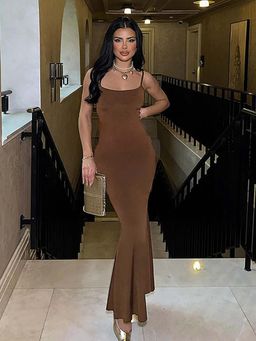 Outzidr - Brown Low Back Slip Dress