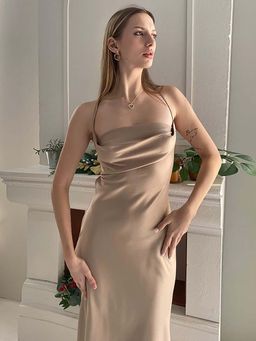 Outzidr - Beige Cowl Neck Slip Dress