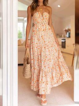 Outzidr - Orange Halter Neck Fit and Flare Dress