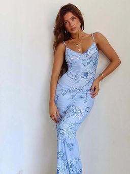 Outzidr - Blue Floral Print Slip Dress