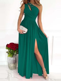 Outzidr - Green One Shoulder Cut Out High Slit Dress