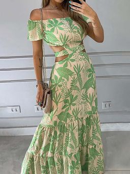 Outzidr - Green Off Shoulder Waist Cut Out Tiered Flared Dress