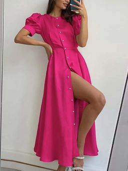 Outzidr - Pink Button Down Fit And Flared Dress