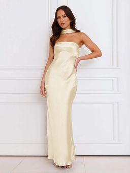 Outzidr - Ivory Fishtail Satin Dress