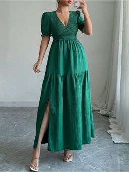 Outzidr - Green Plunge Neck Tiered Dress