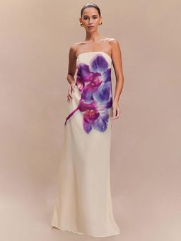 Outzidr - Cream Tube Bold Floral Printed Dress