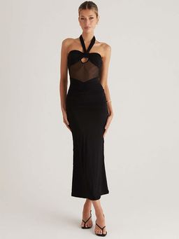 Outzidr - Black Halter Keyhole Cutout and Flared Hem Dress