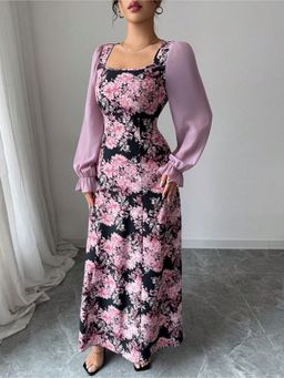 Outzidr - Pink Floral Print Maxi Dress