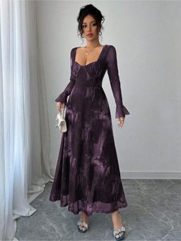 Outzidr - Purple Sweetheart Neck Bell Sleeve Dress