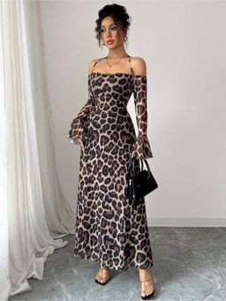 Outzidr - Brown Halter Neck Leopard Print Dress
