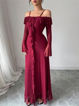 Outzidr - Maroon Off Shoulder Straped Dress