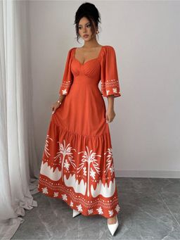 Outzidr - Orange Print Flared Sleeve Dress
