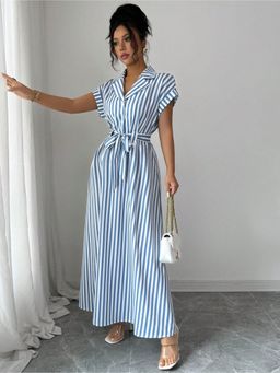 Outzidr - Blue Striped Shirt Dress with Belt