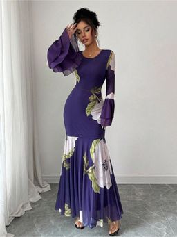 Outzidr - Purple Fit and Flare Floral Pleated Hem Dress