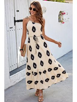 Outzidr - Beige One Shoulder Printed Dress with Belt