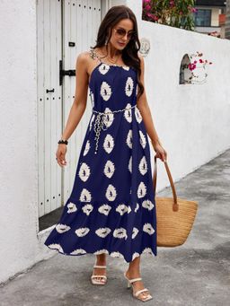 Outzidr - Navy Blue One Shoulder Printed Dress with Belt
