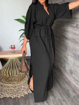 Outzidr - Black Mandarin Collared Waist Cinched Dress
