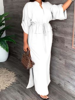 Outzidr - White Mandarin Collared Waist Cinched Dress
