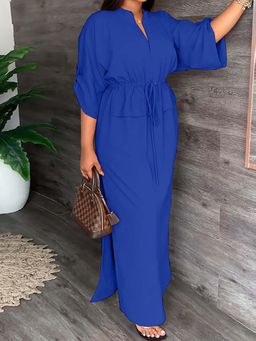 Outzidr - Blue Mandarin Collared Waist Cinched Dress