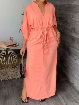 Outzidr - Peach Mandarin Collared Waist Cinched Dress