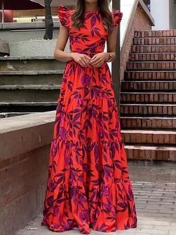 Outzidr - Red Printed Ruffle Sleeved Dress