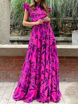 Outzidr - Purple Printed Ruffle Sleeved Dress