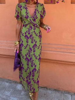Outzidr - Green Plunge Wrap Neck Printed Dress