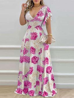 Outzidr - Pink Printed Plunge Neck Flutter Sleeve Dress