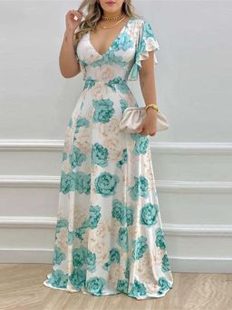 Outzidr - Blue Printed Plunge Neck Flutter Sleeve Dress