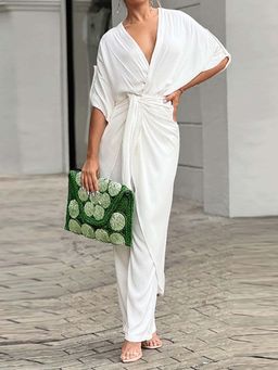 Outzidr - White Plunging Waist Tie Up Dress