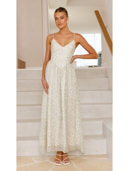 Outzidr - White Printed Waistline Dress